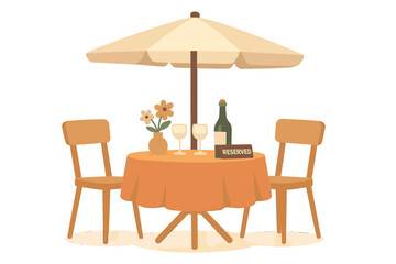 Reserved table for two in a park cafe under a parasol. Romantic date setting with wine and flowers. Flat vector illustration for booking, event, or dining concepts.