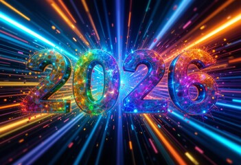 Bunte 2026-Zahl mit glitzernden Effekten und Lichtstrahlen auf dunklem Hintergrund &ndash; perfekt f&uuml;r Neujahr, Feier und kreative Designs. Generative KI