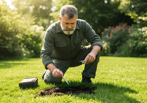 Experienced gardener meticulously testing soil quality with advanced equipment in a vibrant sunlit garden, ensuring optimal plant health and growth