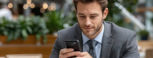 Man using smartphone outside with city skyline in the background during twilight while focused on his device