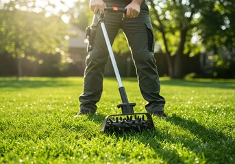 Dedicated gardener aerating lush green lawn with spiked roller tool on sunny summer day, promoting healthy growth and vibrant landscape maintenance.