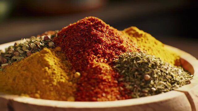 Assortment of colorful spices in a wooden bowl, close-up view