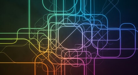 Iridescent geometric circuit pathways in a dark field with rounded corners and glowing edges