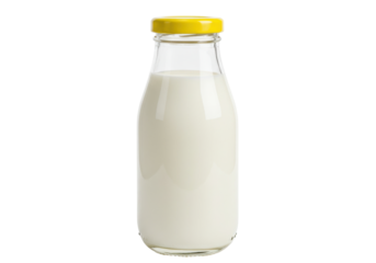 Isolated bottle of fresh dairy milk with yellow cap ready for drinking, healthy, nutritious