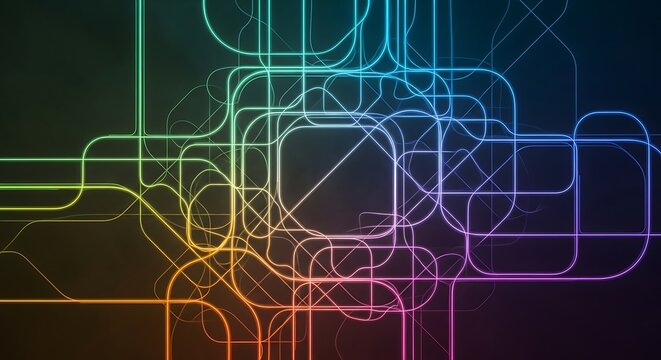 Iridescent geometric circuit pathways in a dark field with rounded corners and glowing edges
