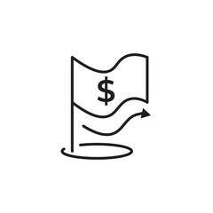Editable stroke line icon of a flag with a dollar sign and upward arrow, symbolizing financial success, market growth, or investment goals. Ideal for apps, websites, and infographics on finance.