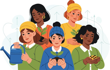 Diverse women nurturing new business growth and environmental sustainability