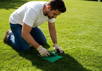 Dedicated gardener carefully tends to lush green lawn, ensuring perfect outdoor space for family enjoyment and relaxation on a sunny day.