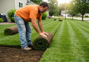 Skilled landscaper carefully unrolling fresh sod to create a lush, vibrant green lawn for a suburban home, enhancing curb appeal.
