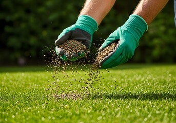 Hands in green gloves carefully spread fertilizer granules onto lush green lawn for vibrant growth and healthy yard maintenance