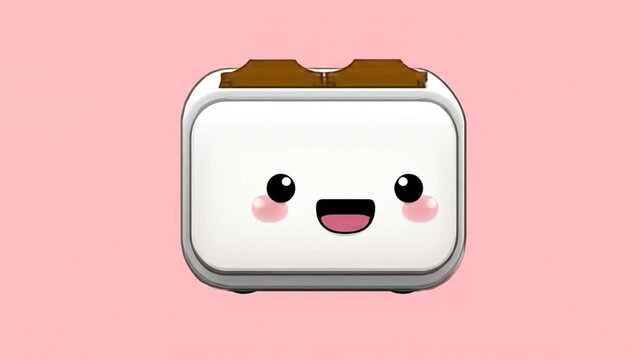 Animated smiling toaster with bread against a pastel pink background