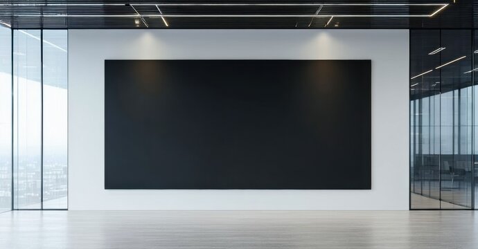Minimalist interior. Large blank screen dominates white wall. Floor reflects light, windows offer distant view. Modern, spacious design.