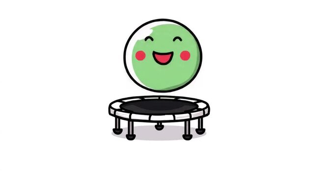 Animated green character bouncing on a small trampoline