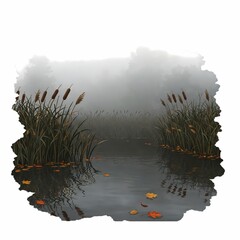 Foggy river in the swamp. Autumn landscape with reeds and cattails on a moody day.
