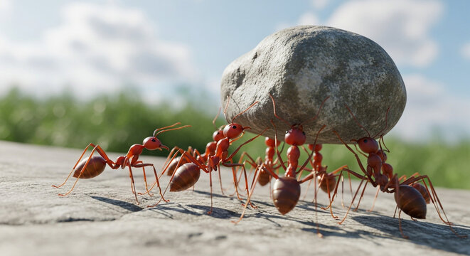Teamwork a group of ants working together to lift and move a heavy stone across a rough surface in a 3d render