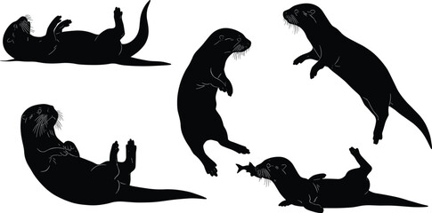 Silhouette collection of playful sea lions balancing balls, circus marine animals vector illustration for entertainment, wildlife, aquatic show, decoration, design
