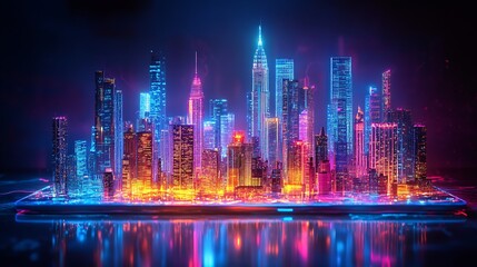Futuristic cityscape with neon lights isolated on white background