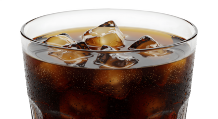 Glass of refreshing cola with ice cubes isolated on white background. Sparkling cold drink with bubbles and condensation. Perfect for beverage advertising, refreshment, and summer drink concept.