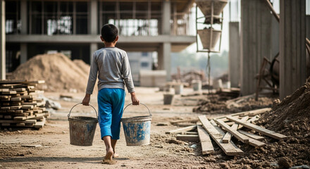 Child labor in construction site carrying buckets of water, facing away from camera with building in background