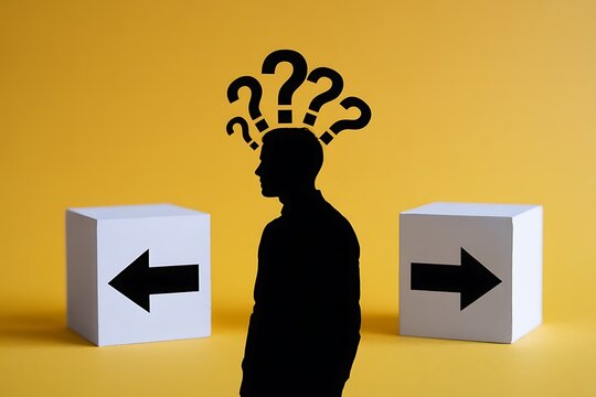 Silhouette of a man with question marks above his head, making a choice between two paths