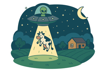 Nighttime UFO Abduction of Cow, Alien Spaceship Beam on Farmland, Cartoon Rural Scene with Barn, Pasture, Trees, Crescent Moon, Stars, Whimsical Extraterrestrial Encounter, Flat Vector Art