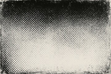 Vintage halftone texture with black and white gradient dots and worn edges. Retro comic background for print, poster, or graphic design with rough paper and faded ink effect.