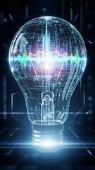 Fototapeta premium A light bulb illuminates the dark space, surrounded by vibrant waves of color and digital patterns. The interplay of light and data symbolizes innovation and creativity