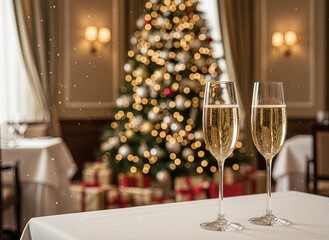 Two champagne glasses on a white table with elegant festive interior. Decorated Christmas tree with golden lights and gifts in the background creating warm holiday atmosphere.