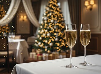 Two champagne glasses on a white table in elegant room with decorated Christmas tree and festive lights. Cozy holiday atmosphere with gifts, warm glow, and celebration mood.