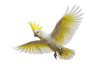 Isolated Cockatoo flying, yellow crest feathers, Sulfur-crested Cockatoo, mid-air, exotic bird