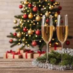 Two champagne glasses on a wooden table with fir branches and Christmas decorations. Festive holiday background with gifts, lights, and decorated Christmas tree in warm tones.