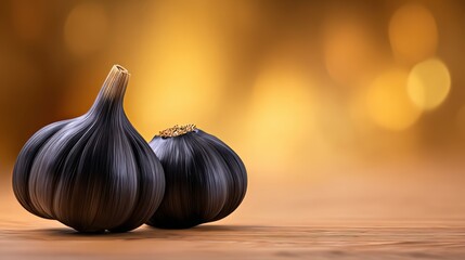 Two elegant black garlic bulbs resting on a wooden surface, softly illuminated by a warm, golden background