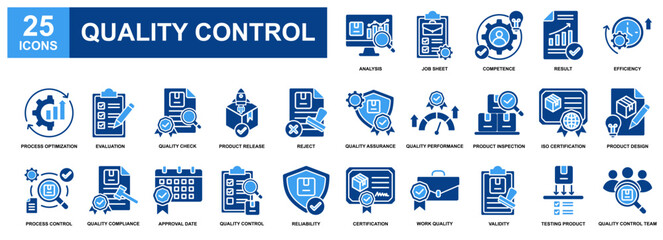 Quality Control icon set collection. Containing design Analysis, Quality Assurance, Quality Control, Process Control, Product Inspection