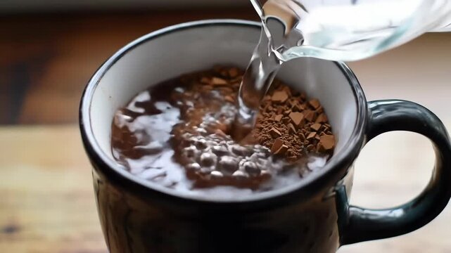 Water being poured into cup with brown powder for a hot beverage