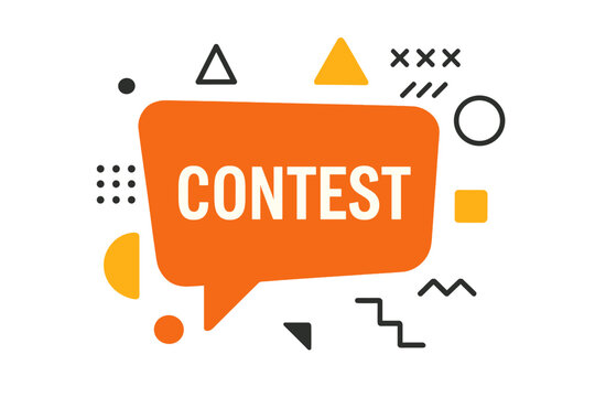 Contest banner with speech bubble and abstract geometric shapes. Trendy Memphis style illustration for giveaway, competition announcement, or social media promotion. Vector design.