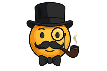Gentleman emoticon vector smiley face. Character with mustache, top hat, monocle, and smoking pipe. Posh vintage sir emoji icon. Rich mascot cartoon illustration for design.