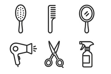Hairdressing tools icon set. Hairdresser and barbershop equipment. Vector line icons of brush, comb, scissors, mirror, hairdryer, spray bottle. Beauty salon essentials.