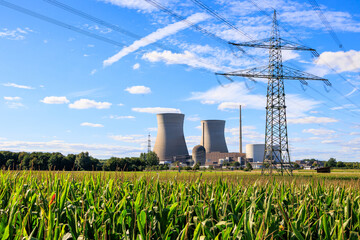 High voltage power lines and Gundremmingen nuclear power plant, Germany, Gundremmingen, 31 August 2025