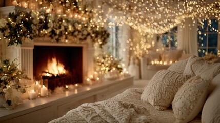 Fototapeta premium Romantic bedroom with fireplace, cozy blankets, and soft glowing fairy lights for winter ambiance 