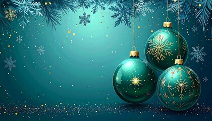 Glossy green Christmas ornaments hanging on blue snowflake background with golden confetti.