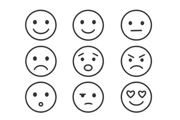 Fototapeta premium Minimalist emoji faces icon set. Line art emoticons expressing various emotions. Vector smiley characters. Happy, sad, angry, love, surprised. Mood and feedback concept.