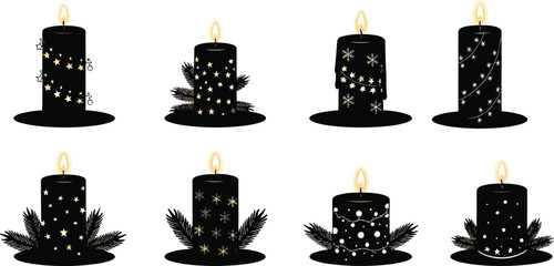 Christmas candle silhouettes, golden flame icons, festive ornament vector, holiday clipart, pine leaf base, black graphic, seasonal decoration design