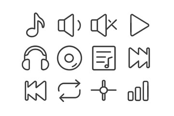 Minimalist line icon set for music and audio. Media player interface elements. Vector symbols for play, volume, shuffle, and sound control for web and app UI design.