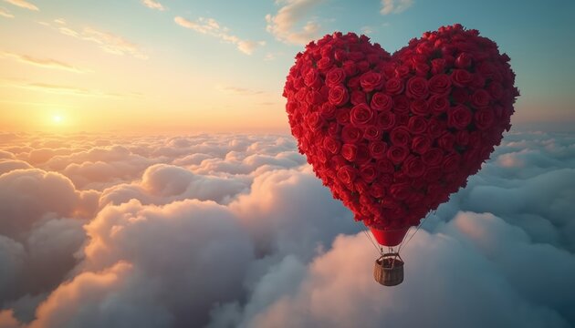Heart shaped balloon made of red roses floats over clouds at sunset. Generative AI image features vibrant love symbol. Floral heart balloon with basket. Romantic surprise concept in air.