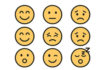 Emoji set linear icons. Emoticon pack with various facial expressions. Happy, sad, neutral, angry faces for customer feedback and satisfaction rating. Mood concept vector.