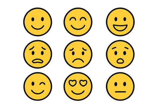 Naklejki Simple linear emoji set with various facial expressions. Vector cartoon smiley face collection. Emoticon pack for customer feedback, mood, and emotion. Isolated icon set.