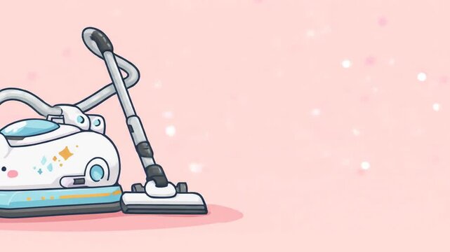 Cartoon vacuum cleaner illustration against a soft pink background