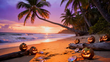 Tropical Halloween : funny coconut lanterns on ocean beach at sunset.