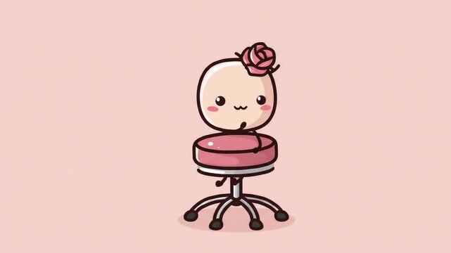 Cartoon character seated on a pink stool with a rose flower