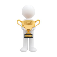3D white figure holding gold trophy on transparent background